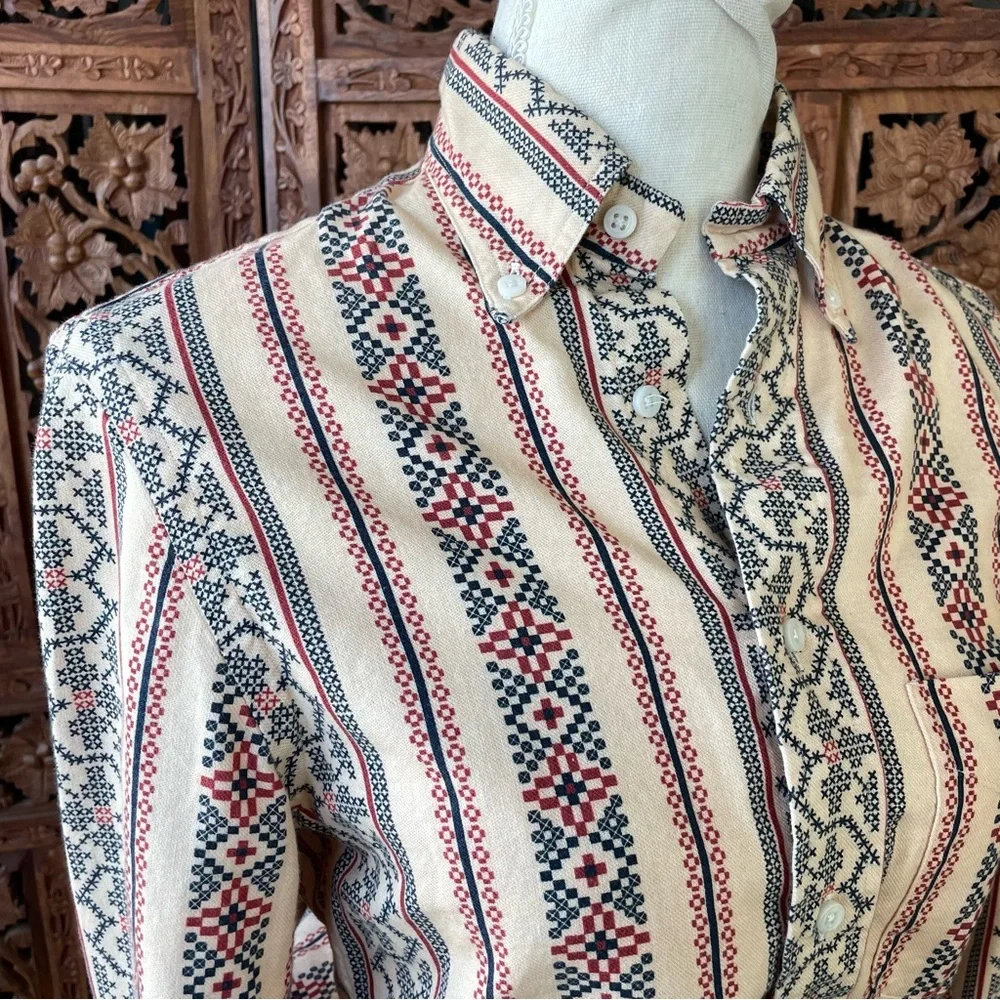 Gitman Bros Vintage Cream Button-Up Shirt with western cross stitch print - Picture 12 of 16
